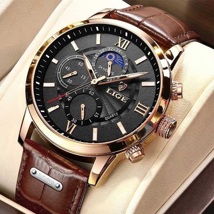 Lige Top Brand Exclusive Leather Casual Moon Phase Quartz Sport Chronograph Men Watch Lw 3369